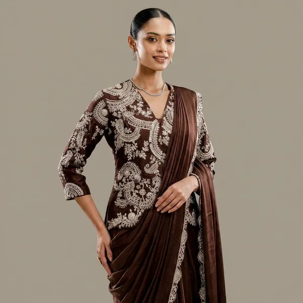 Brown_Pre-Stitched_Saree_With_Embellished_Jacket_Blouse