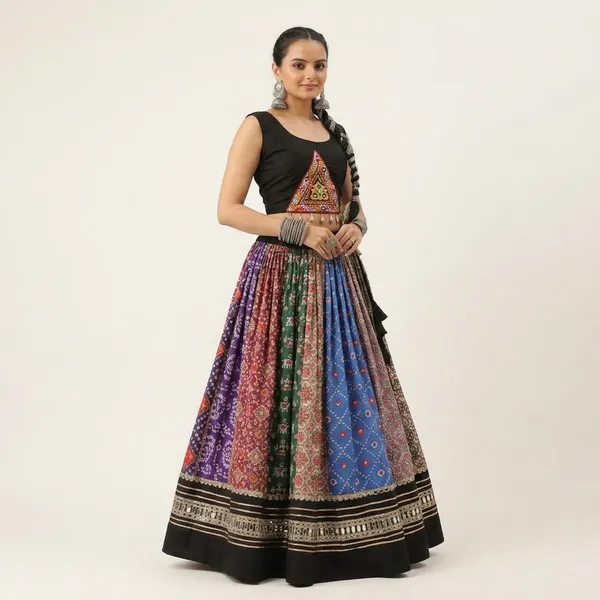 Multicolor_Printed_Lehenga_Choli_With_Black_Velvet_Border_-_Traditional_Indian_Ethnic_Wear