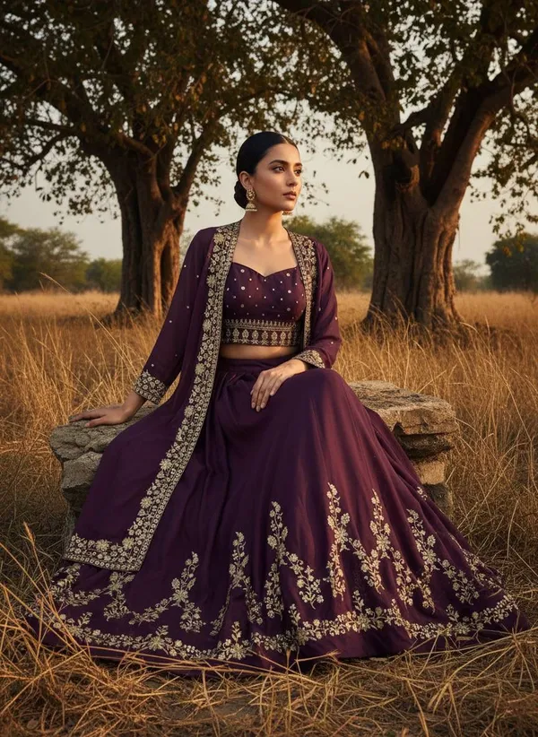 Wine_Embroidered_Lehenga_Choli_Set_With_Jacket