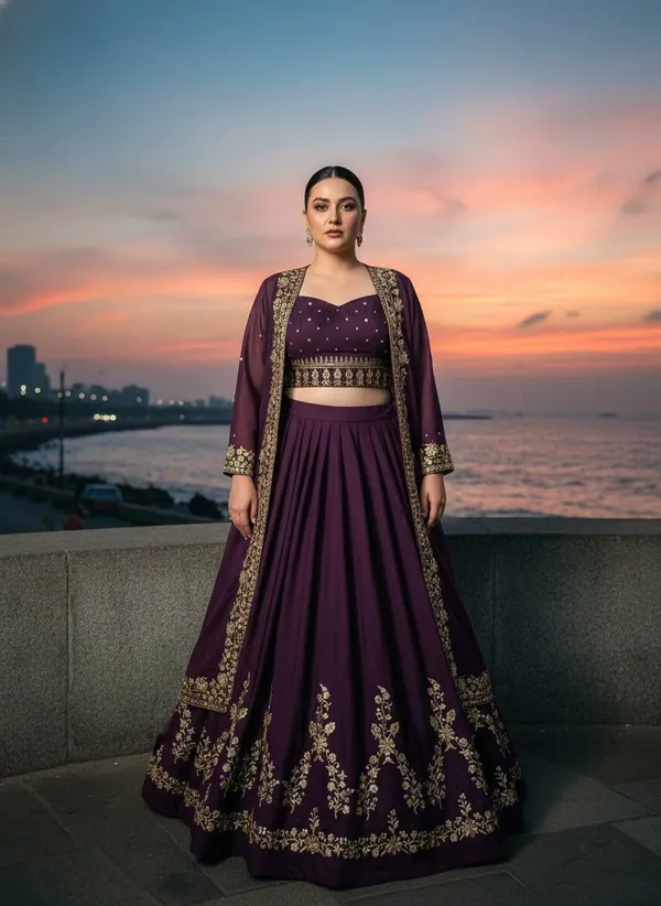 Wine_Embroidered_Lehenga_Choli_Set_With_Jacket