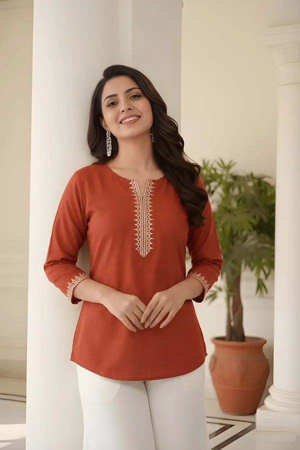 Rust_Orange_Embroidered_Roman_Silk_Fancy_Top