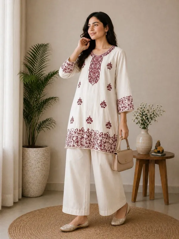 White_Embroidered_Kurta_And_Palazzo_Set_For_Women