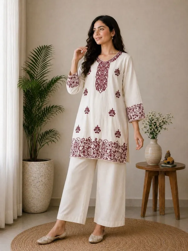 White_Embroidered_Kurta_And_Palazzo_Set_For_Women