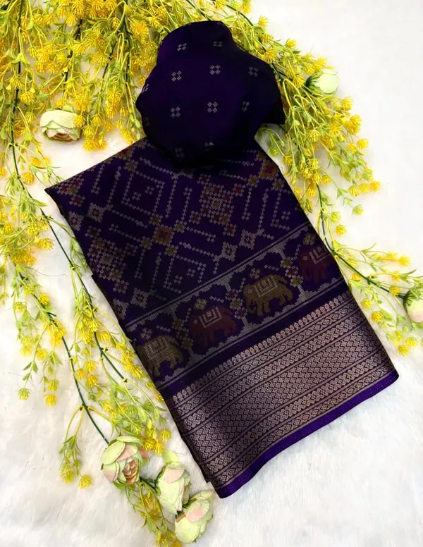 Purple_Banarasi_Silk_Saree_With_Elephant_Motif_And_Golden_Zari_Border