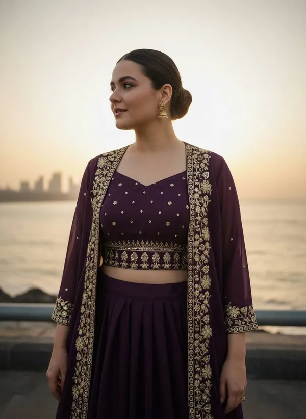 Wine_Embroidered_Lehenga_Choli_Set_With_Jacket