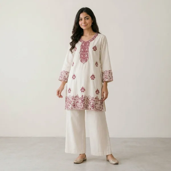 White_Embroidered_Kurta_And_Palazzo_Set_For_Women