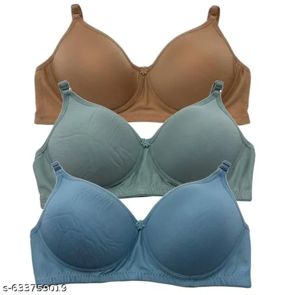 Pack_Of_3_Brown_And_Green_And_Blue_Cotton_Blend_Light_Padded_Bra_For_Women_|