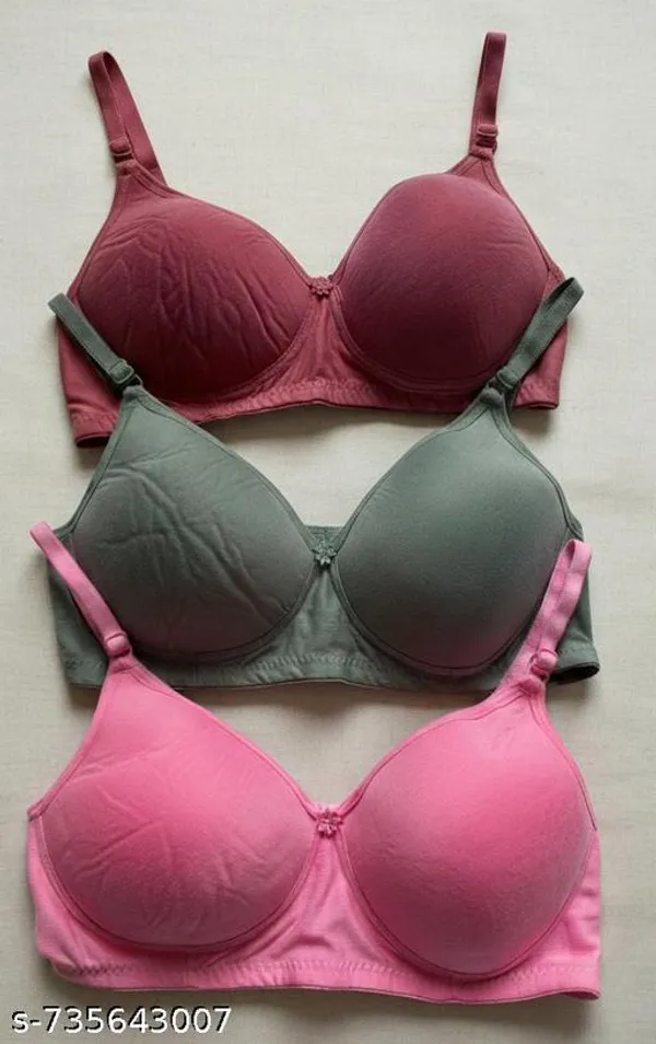 Pack_Of_3_Pink_And_Maroon_And_Green_Cotton_Blend_Light_Padded_Bra_For_Women_|