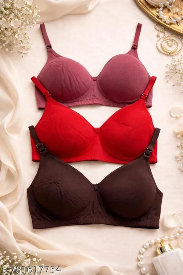 Pack_Of_3_Red_And_Mauve_Pink_And_Brown_Cotton_Blend_Lightly_Padded_Seamless_T-Shirt_Bra_For_Women_|