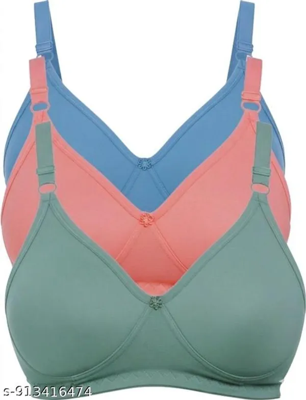 Pack_Of_3_Pink_And_Green_And_Blue_Cotton_Blend_Light_Padded_Bra_For_Women_|
