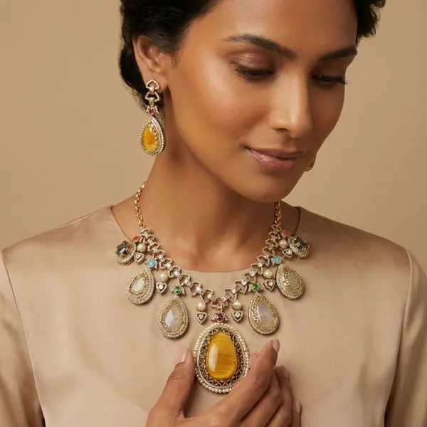 Multicolor_Stone_Gold_Plated_Geometric_Statement_Necklace_Set_For_Women