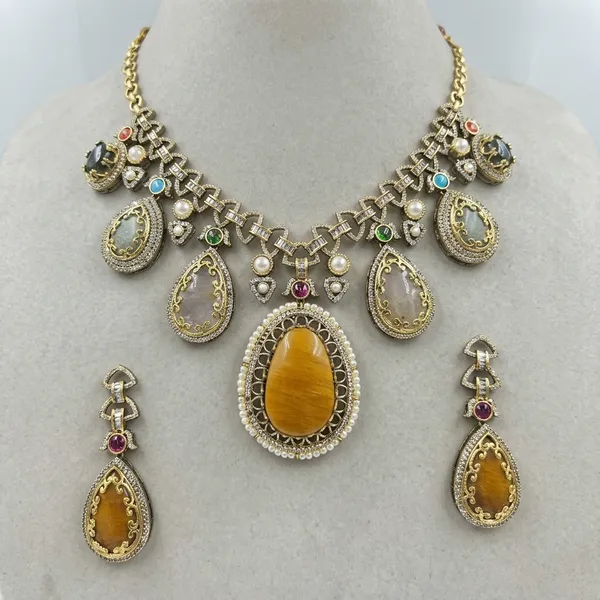 Multicolor_Stone_Gold_Plated_Geometric_Statement_Necklace_Set_For_Women