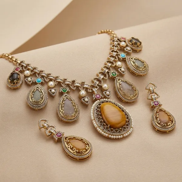 Multicolor_Stone_Gold_Plated_Geometric_Statement_Necklace_Set_For_Women