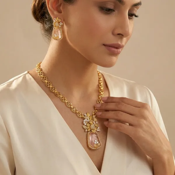 Pink_Stone_Gold_Plated_Brass_Floral_Pendant_Necklace_Set_For_Women