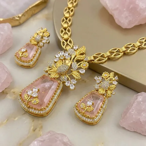 Pink_Stone_Gold_Plated_Brass_Floral_Pendant_Necklace_Set_For_Women