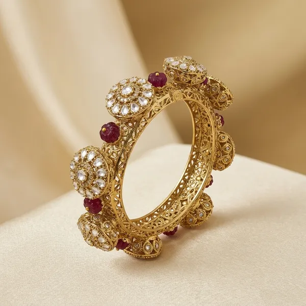Gold_Tone_Embellished_Floral_Dome_Bracelet_With_Ruby_Accents