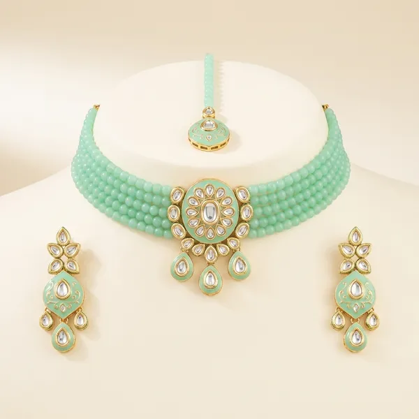 Green_Beaded_Kundan_Meenakari_Choker_Necklace_Set_With_Earrings