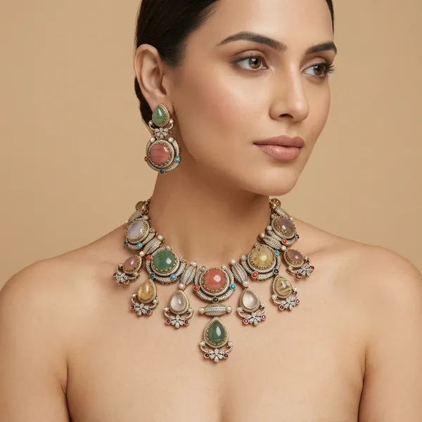 Multicolor_Gemstone_Statement_Necklace_Set_With_Earrings