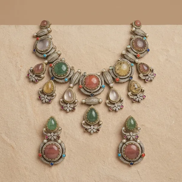 Multicolor_Gemstone_Statement_Necklace_Set_With_Earrings
