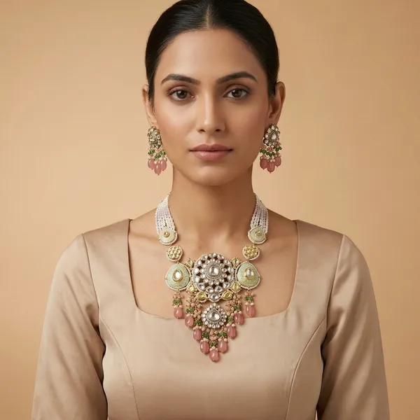 Gold_Plated_Kundan_Pearl_Choker_Necklace_Set_With_Earrings