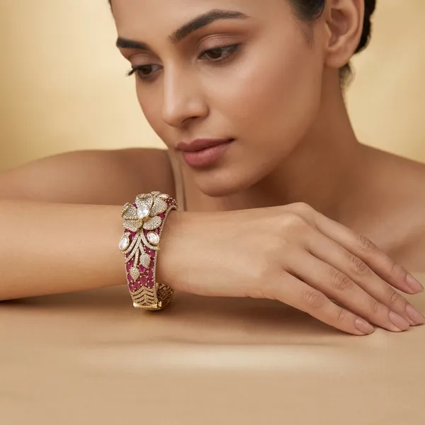 Ruby_Diamond_Studded_Floral_Design_Bangle
