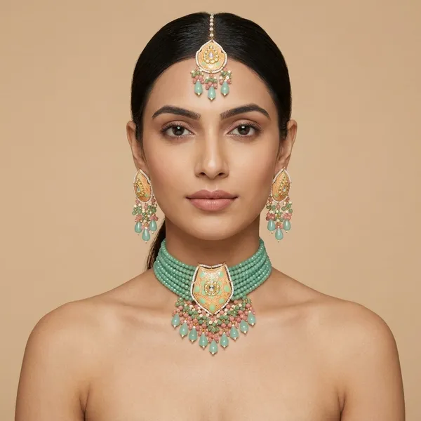 Mint_Green_Beaded_Choker_Necklace_Set_With_Earrings_For_Women