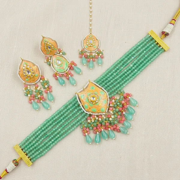 Mint_Green_Beaded_Choker_Necklace_Set_With_Earrings_For_Women