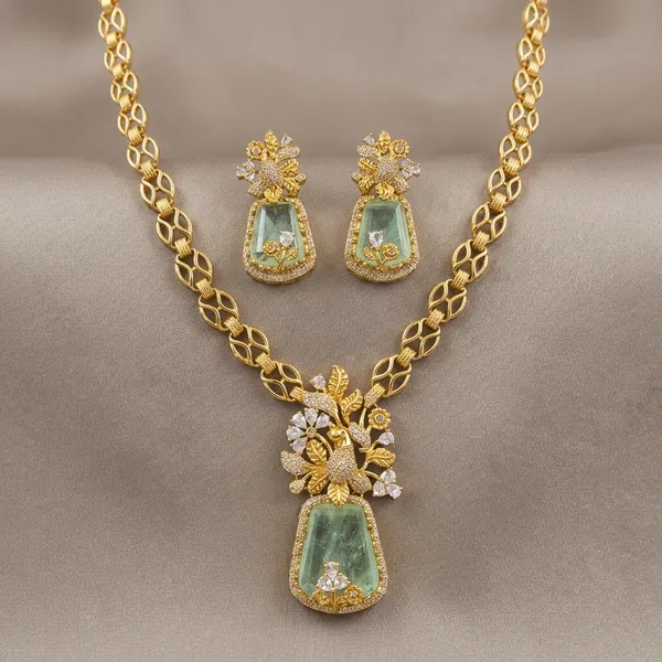 Green_Stone_Gold_Plated_Brass_Floral_Necklace_Set_For_Women