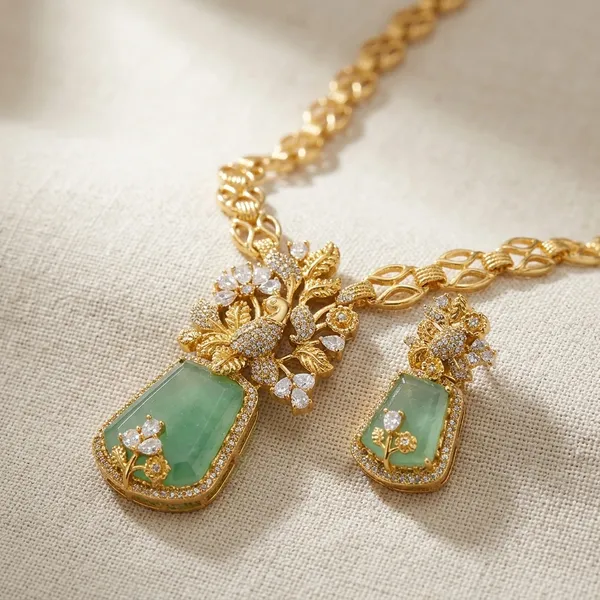 Green_Stone_Gold_Plated_Brass_Floral_Necklace_Set_For_Women