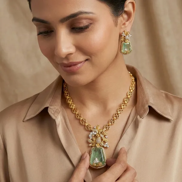 Green_Stone_Gold_Plated_Brass_Floral_Necklace_Set_For_Women