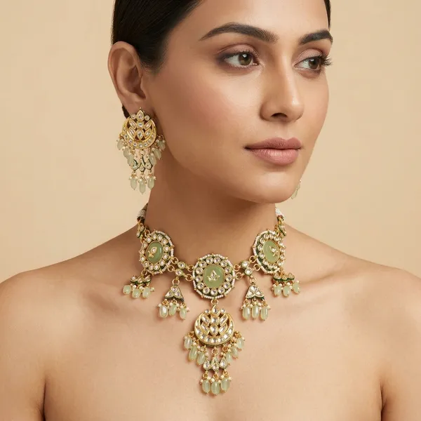 Gold_Plated_Green_Stone_Kundan_Necklace_And_Earring_Set