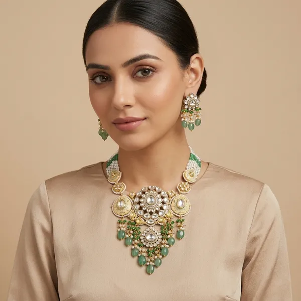 Green_Kundan_Polki_Pearl_Necklace_Set_With_Earrings