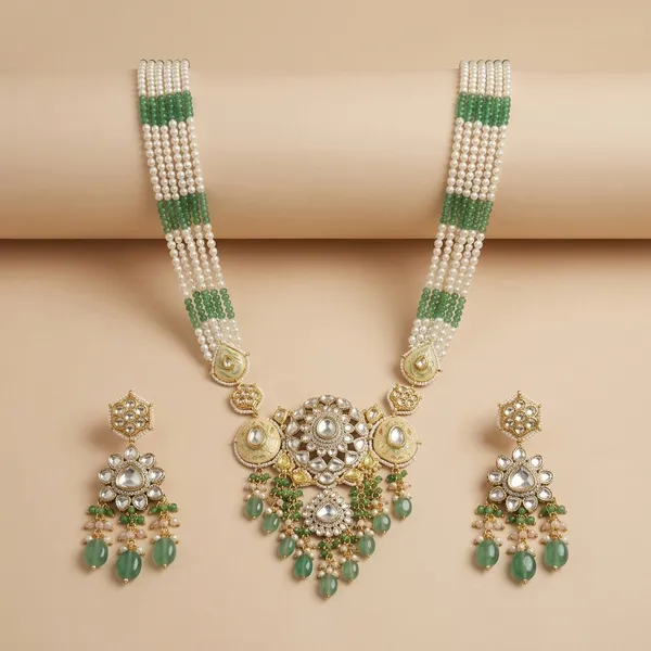 Green_Kundan_Polki_Pearl_Necklace_Set_With_Earrings