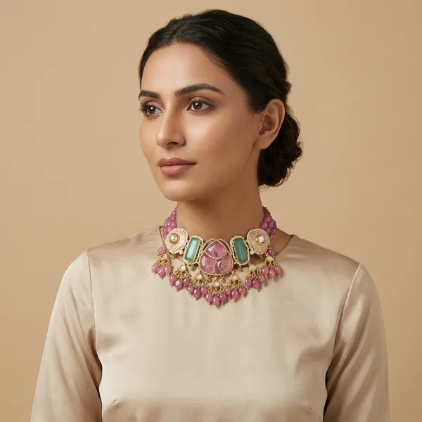 Pink_Stone_Kundan_Choker_Necklace_Set_With_Earrings_And_Maang_Tikka