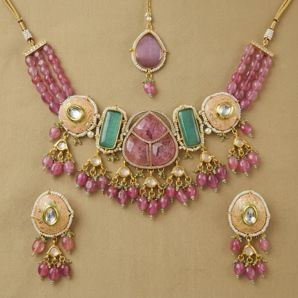 Pink_Stone_Kundan_Choker_Necklace_Set_With_Earrings_And_Maang_Tikka