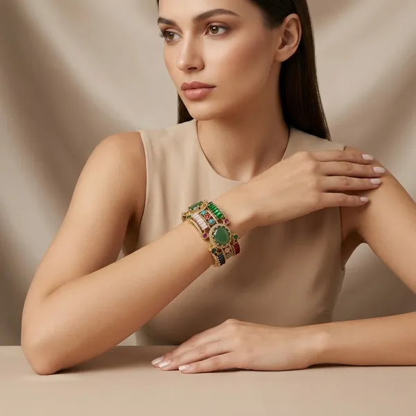 Gold_Tone_Green_Stone_Embellished_Bracelet_For_Women