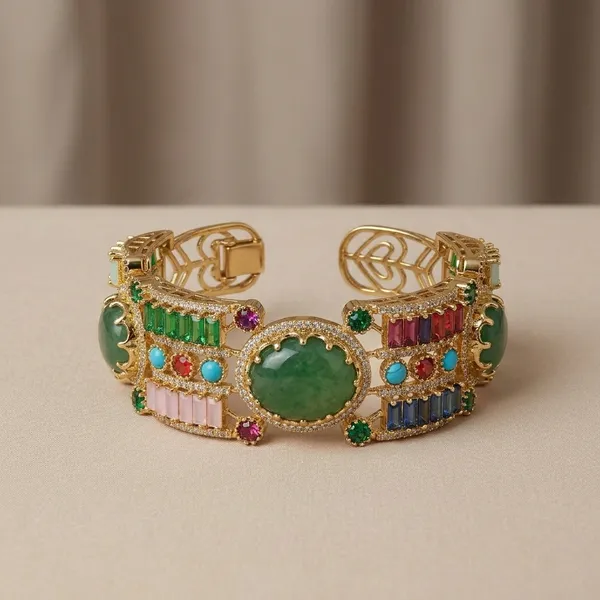 Gold_Tone_Green_Stone_Embellished_Bracelet_For_Women