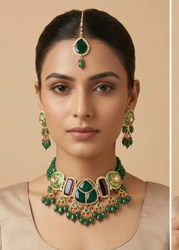 Green_Kundan_Meenakari_Choker_Necklace_Set_With_Earrings_And_Maang_Tikka
