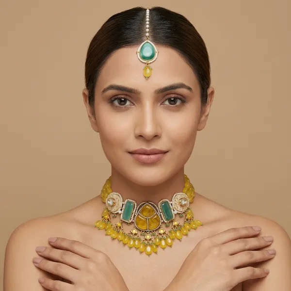 Yellow_And_Green_Kundan_Meenakari_Necklace_Set_With_Maang_Tikka
