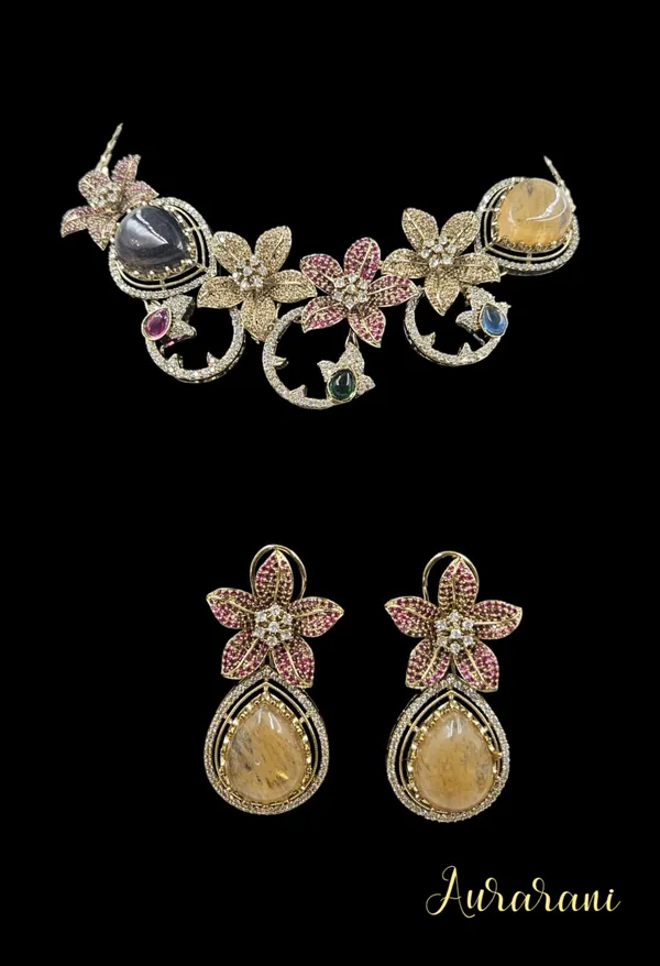 Gold_Tone_Rutilated_Quartz_Pink_Crystal_Floral_Jewellery_Set_For_Women