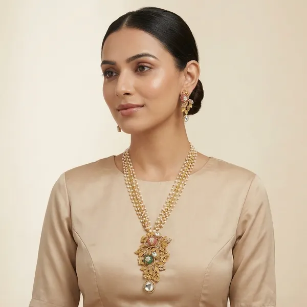 Gold_Plated_Floral_Kundan_Pearl_Enamel_Necklace_Set_For_Women