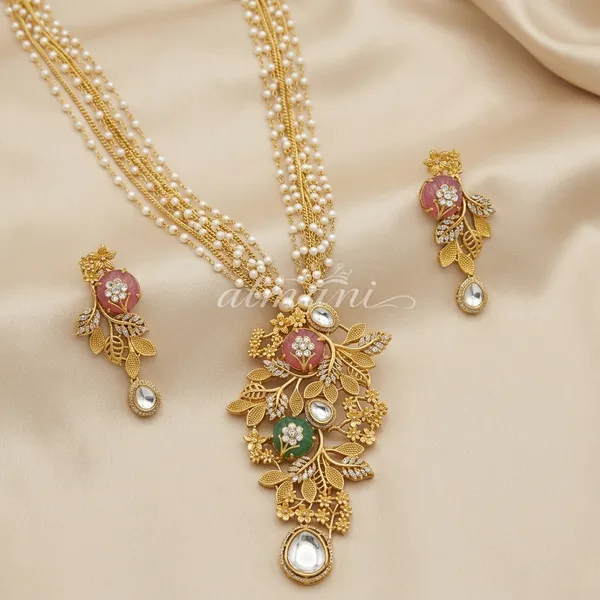 Gold_Plated_Floral_Kundan_Pearl_Enamel_Necklace_Set_For_Women