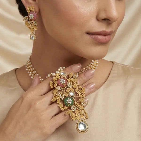 Gold_Plated_Floral_Kundan_Pearl_Enamel_Necklace_Set_For_Women