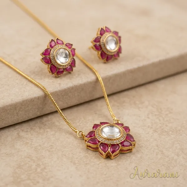 Pink_Stone_Floral_Gold_Tone_Brass_Pendant_Set_For_Women