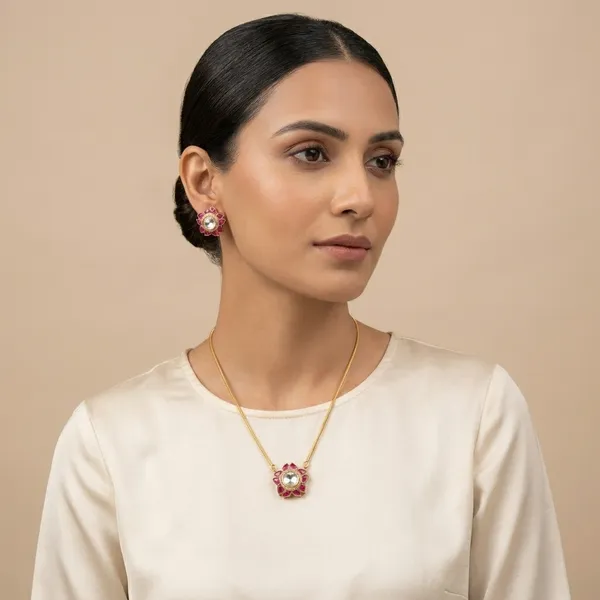 Pink_Stone_Floral_Gold_Tone_Brass_Pendant_Set_For_Women