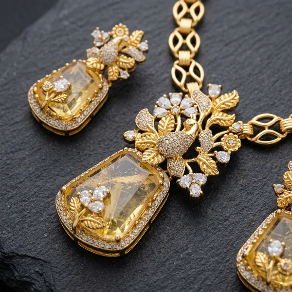 Gold_Plated_Yellow_Stone_Floral_Pendant_Necklace_Set_For_Women