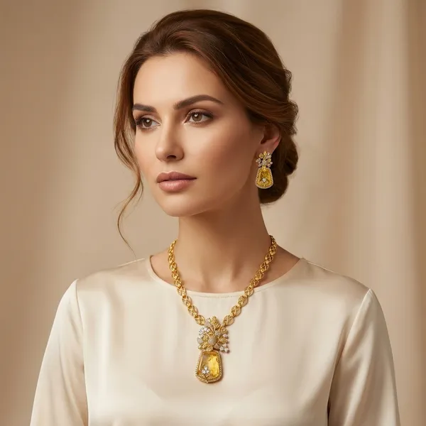 Gold_Plated_Yellow_Stone_Floral_Pendant_Necklace_Set_For_Women