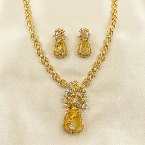 Gold_Plated_Yellow_Stone_Floral_Pendant_Necklace_Set_For_Women