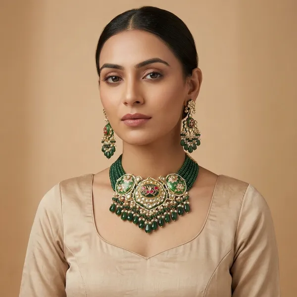 Green_Meenakari_Kundan_Choker_Necklace_Set_With_Maang_Tikka