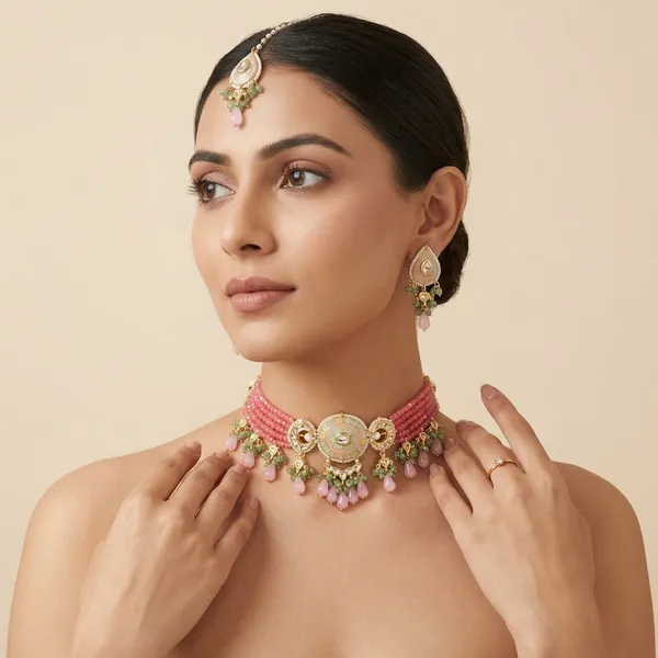 Red_Beaded_Kundan_Choker_Necklace_Set_With_Earrings_And_Maang_Tikka